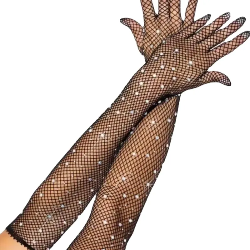 Women Fashion Solid Color Mesh Stretch Colored Diamond Gloves