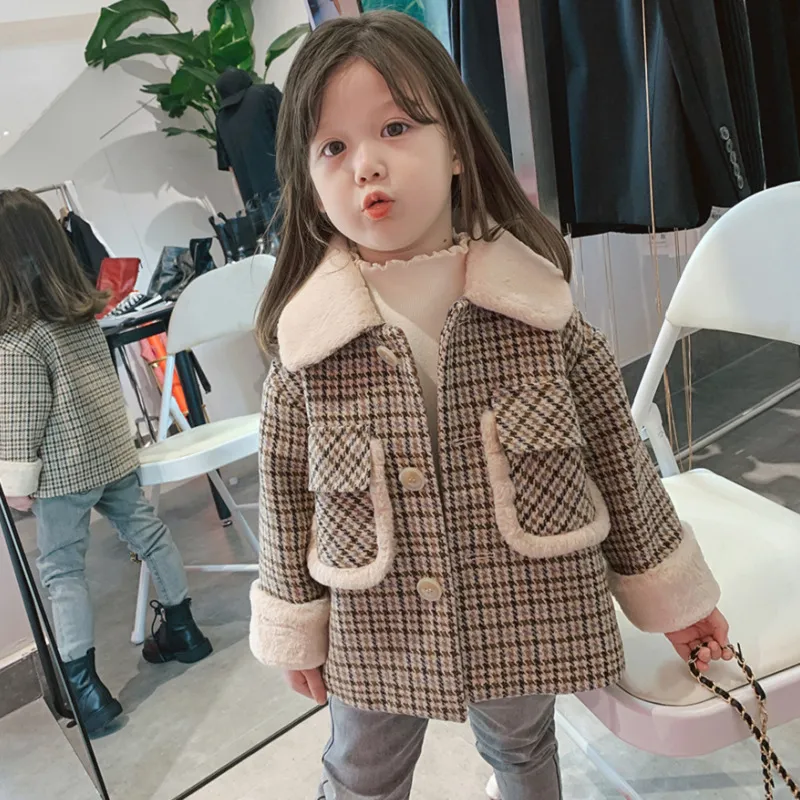 Toddler Girls Plaid Single-Breasted Thick Cotton Coat with Lapel Collar Long Sleeve Medium Length