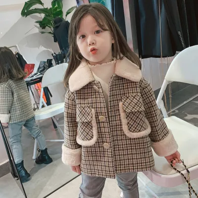 Toddler Girls Plaid Single-Breasted Thick Cotton Coat with Lapel Collar Long Sleeve Medium Length