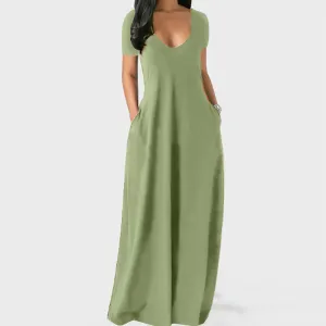 Summer Plus Size Women Basic Solid Color Casual V Neck Short-Sleeved Maxi Dress With Pockets