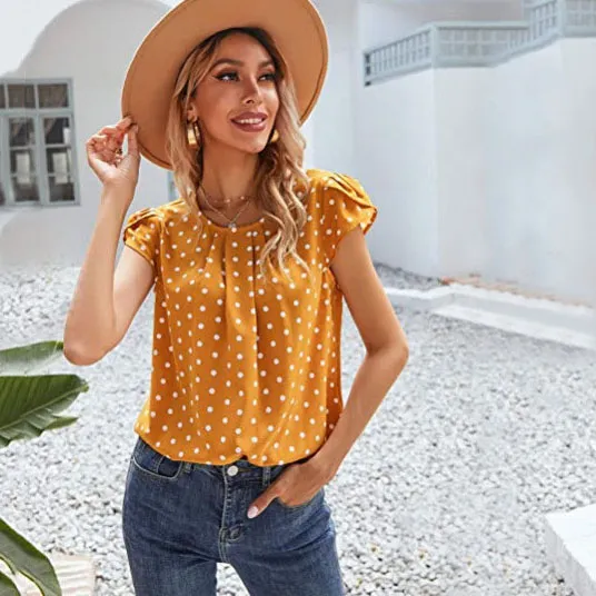 Women Bohemian Elegant Casual Summer Polka Dot Print Short Sleeve Blouse