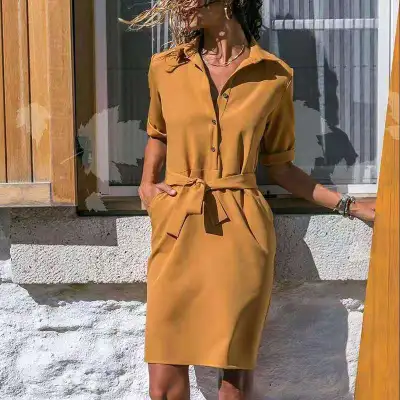 Fashion Casual Women Three-Quarter Sleeve Shirt Lace-Up Dress