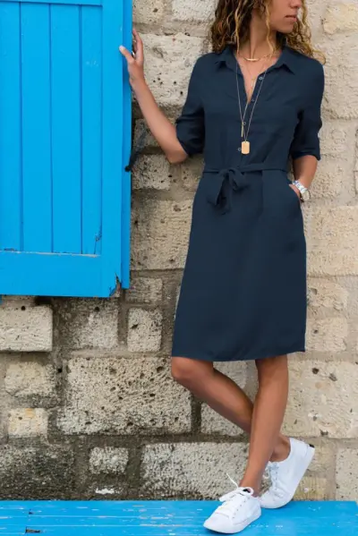 Fashion Casual Women Three-Quarter Sleeve Shirt Lace-Up Dress