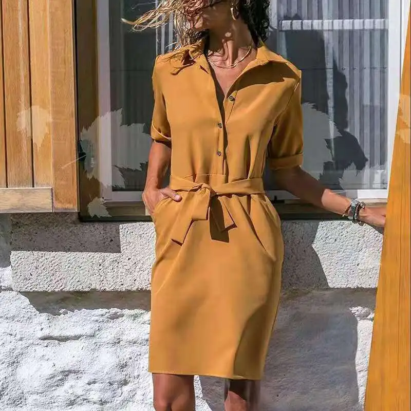 Fashion Casual Women Three-Quarter Sleeve Shirt Lace-Up Dress