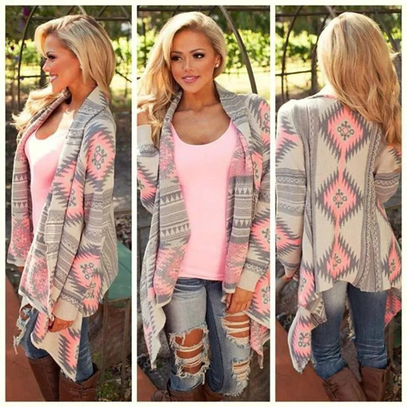 Women Vintage Casual Irregular Geometry Print Cardigan