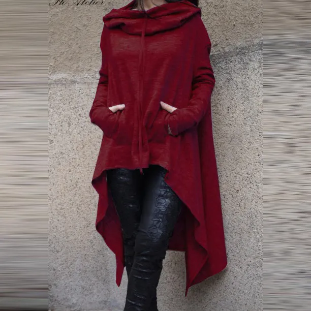 Plus Size Women Autumn Winter Solid Color Long Sleeve Hooded Pullover Hoodie with Irregular Hemline