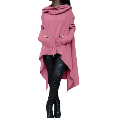 Plus Size Women Autumn Winter Solid Color Long Sleeve Hooded Pullover Hoodie with Irregular Hemline