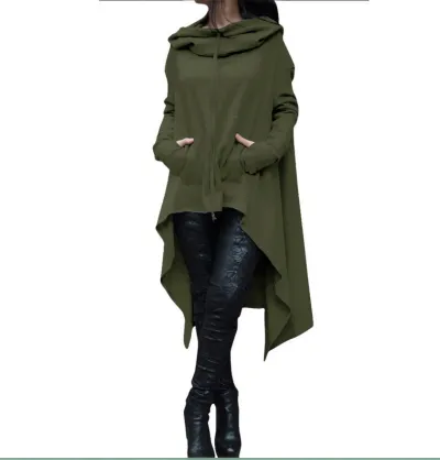 Plus Size Women Autumn Winter Solid Color Long Sleeve Hooded Pullover Hoodie with Irregular Hemline