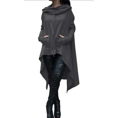Plus Size Women Autumn Winter Solid Color Long Sleeve Hooded Pullover Hoodie with Irregular Hemline