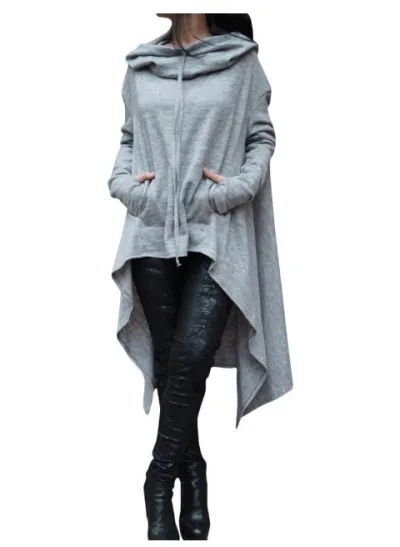 Plus Size Women Autumn Winter Solid Color Long Sleeve Hooded Pullover Hoodie with Irregular Hemline