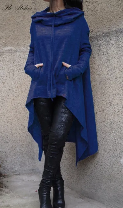 Plus Size Women Autumn Winter Solid Color Long Sleeve Hooded Pullover Hoodie with Irregular Hemline