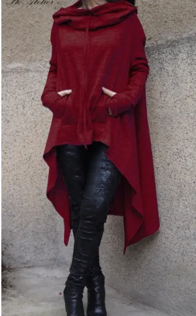 Plus Size Women Autumn Winter Solid Color Long Sleeve Hooded Pullover Hoodie with Irregular Hemline