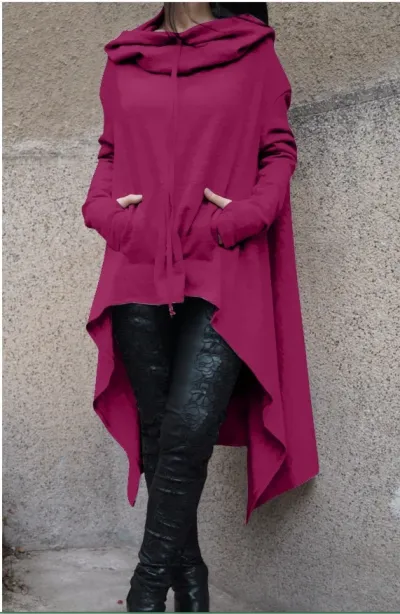 Plus Size Women Autumn Winter Solid Color Long Sleeve Hooded Pullover Hoodie with Irregular Hemline