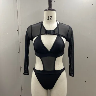 Women Solid Color Mesh Long Sleeve Two Piece Swimsuit Set