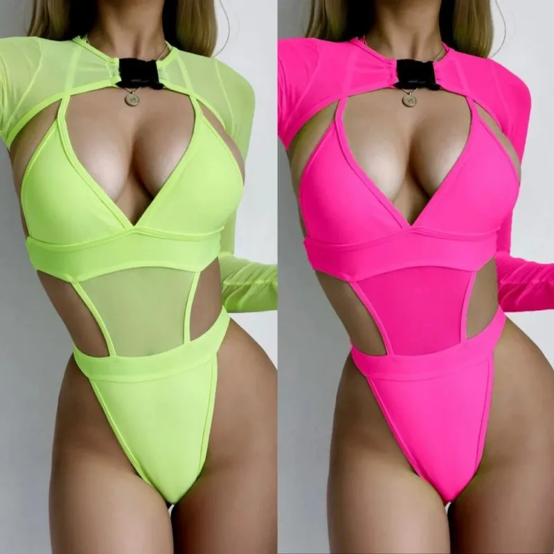 Women Solid Color Mesh Long Sleeve Two Piece Swimsuit Set
