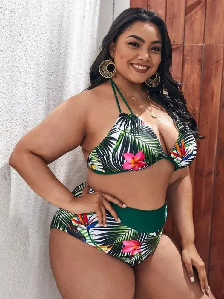 Plus-Size Condole Belt Strapless Swimsuit Printed Strip Support