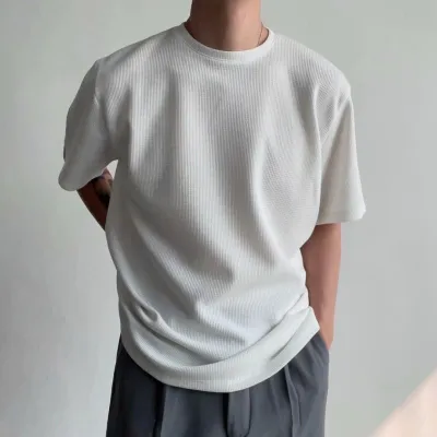 Men Casual Round Neck Solid Color Small Plaid Short-Sleeved T-Shirt