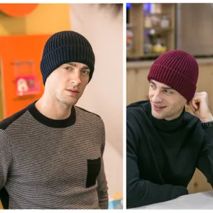 Men Casual Solid Color Knit Warm Yarn Hat Beanie Dome Style Unisex
