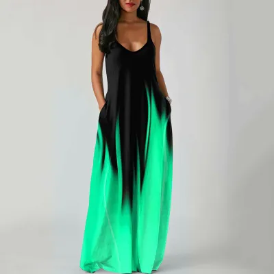 Summer Plus Size Women Gradient Color Print Deep V Neck Sleeveless Loose Dress