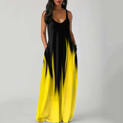 Summer Plus Size Women Gradient Color Print Deep V Neck Sleeveless Loose Dress