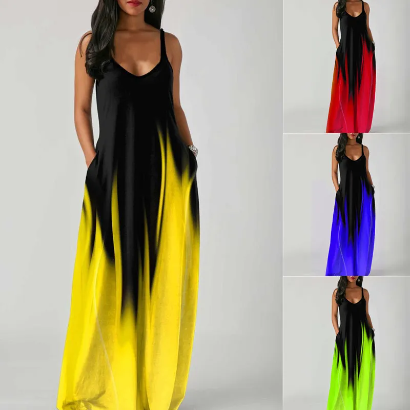 Summer Plus Size Women Gradient Color Print Deep V Neck Sleeveless Loose Dress
