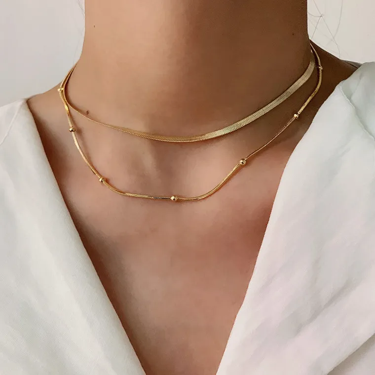 Wholesale Women Fashion Stacked Stainless Steel Gold Plated Snake Chain Necklace