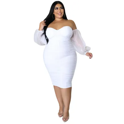 Plus Size Women Elegant Solid Color Mesh Patchwork Off-Shoulder Bodycon Long Sleeves Dress