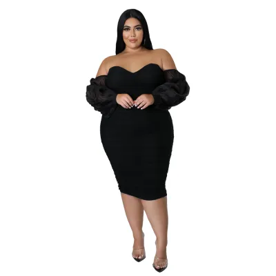 Plus Size Women Elegant Solid Color Mesh Patchwork Off-Shoulder Bodycon Long Sleeves Dress