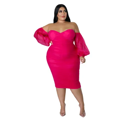 Plus Size Women Elegant Solid Color Mesh Patchwork Off-Shoulder Bodycon Long Sleeves Dress