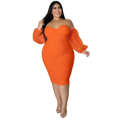 Plus Size Women Elegant Solid Color Mesh Patchwork Off-Shoulder Bodycon Long Sleeves Dress