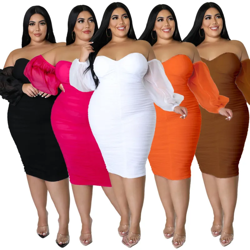Plus Size Women Elegant Solid Color Mesh Patchwork Off-Shoulder Bodycon Long Sleeves Dress