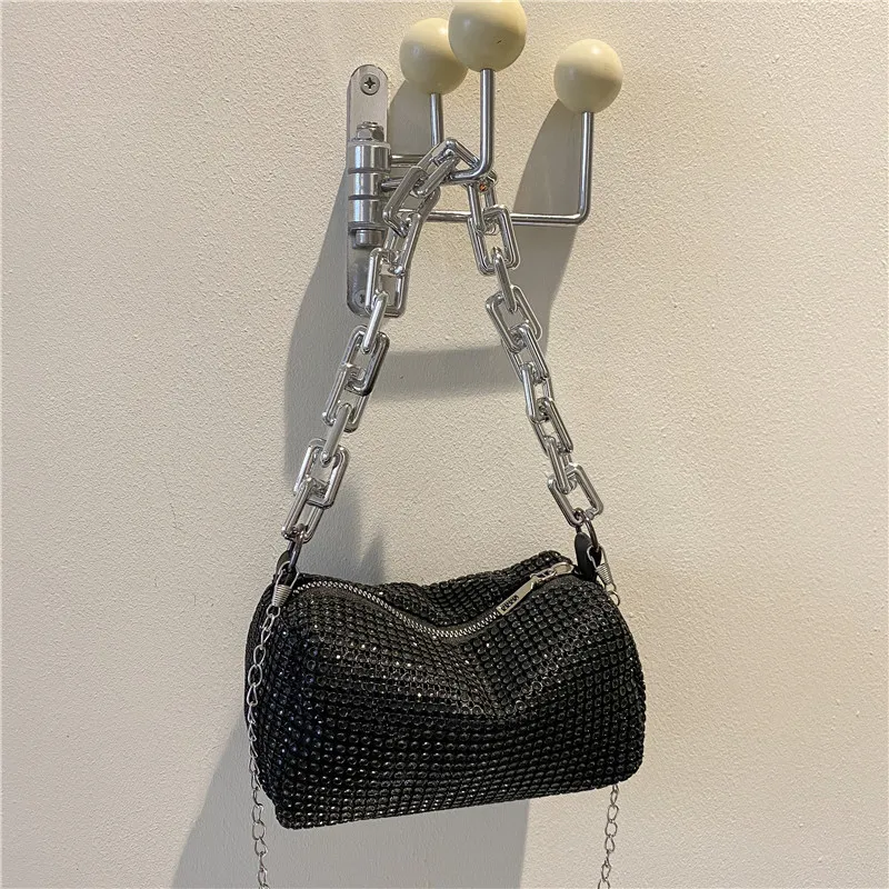 Women Rhinestone Chain PU Crossbody Bag Street Fashion Pillow Bag