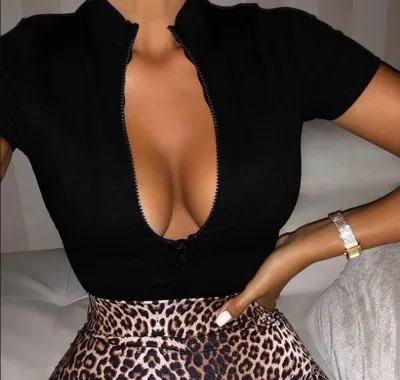 Women Basic Solid Color Half Zipper Short-sleeved Crop Top
