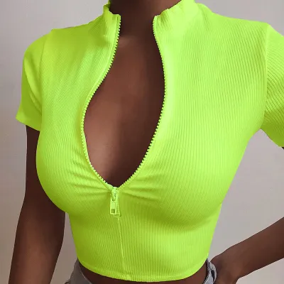 Women Basic Solid Color Half Zipper Short-sleeved Crop Top