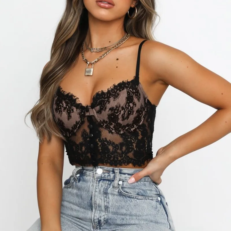 Women Sexy Mesh Lace See-through Crop Camisole