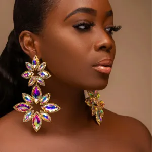 Wholesale Women Exaggerated Flower-Shaped Rhinestone Earrings