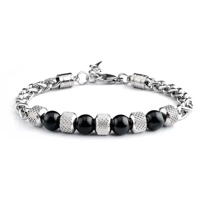 Men Fashion Tiger Eye Stone Titanium Steel Adjustable Bracelet