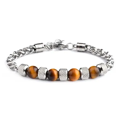 Men Fashion Tiger Eye Stone Titanium Steel Adjustable Bracelet