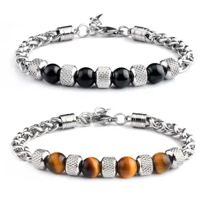 Men Fashion Tiger Eye Stone Titanium Steel Adjustable Bracelet