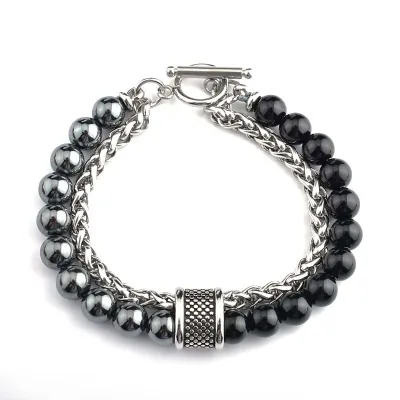 Wholesale Men Fashion Double Layer Matte Stone Stainless Steel Bracelet