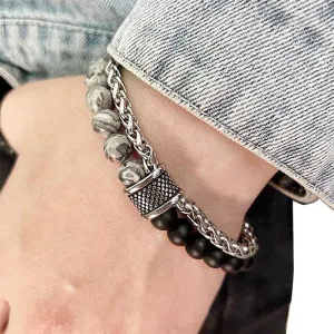 Wholesale Men Fashion Double Layer Matte Stone Stainless Steel Bracelet