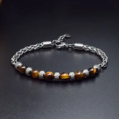 Men's Stainless Steel Tiger Eye Stone Adjustable Bracelet