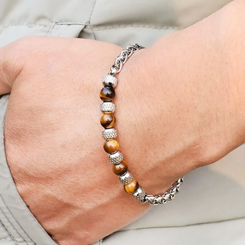 Men's Stainless Steel Tiger Eye Stone Adjustable Bracelet