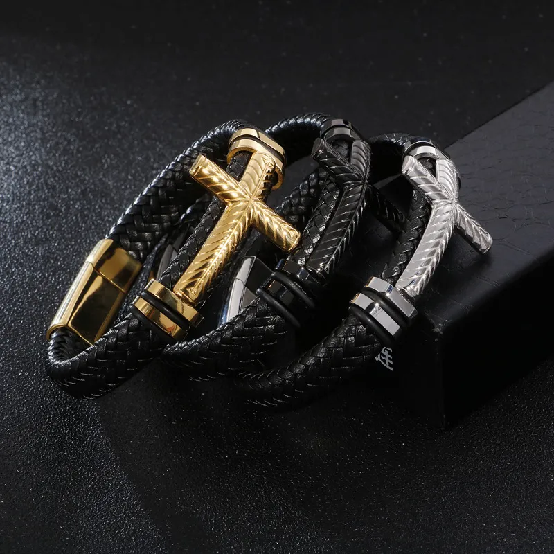 Wholesale Fashion Punk Cross Men's Creative Braided Leather Bracelet