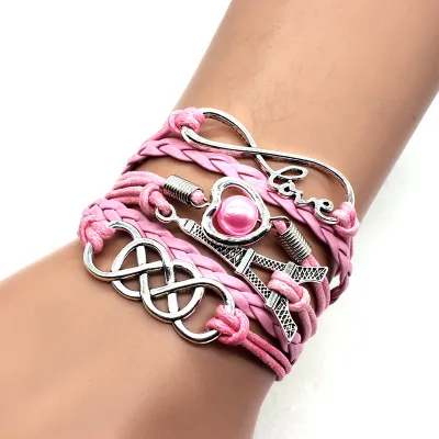 Wholesale Fashion Retro Eiffel Tower 8-Character Peach Heart Multicolor Multi-Layer Braided Bracelet