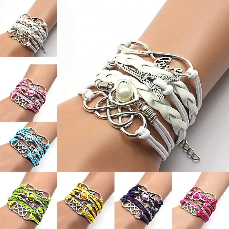 Wholesale Fashion Retro Eiffel Tower 8-Character Peach Heart Multicolor Multi-Layer Braided Bracelet