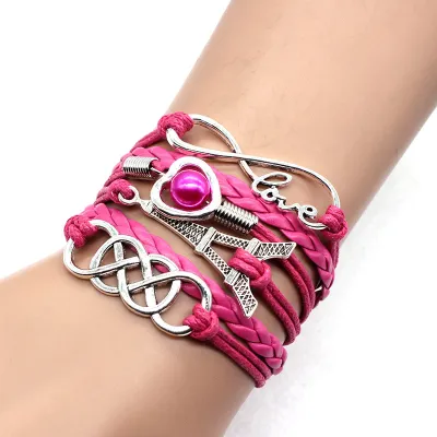 Wholesale Fashion Retro Eiffel Tower 8-Character Peach Heart Multicolor Multi-Layer Braided Bracelet