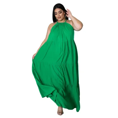 Women Elegant Plus Size Sexy Sleeveless Solid Color Bohemian Ruffled Maxi Loose Dress