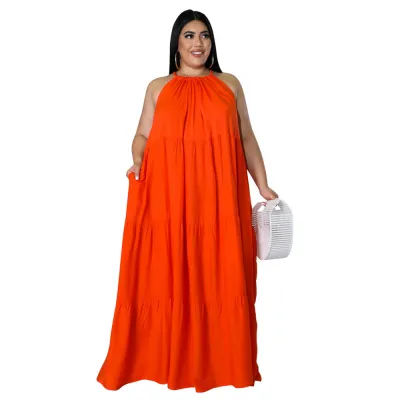 Women Elegant Plus Size Sexy Sleeveless Solid Color Bohemian Ruffled Maxi Loose Dress
