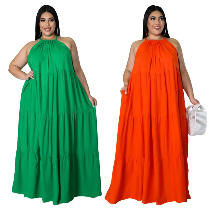 Women Elegant Plus Size Sexy Sleeveless Solid Color Bohemian Ruffled Maxi Loose Dress